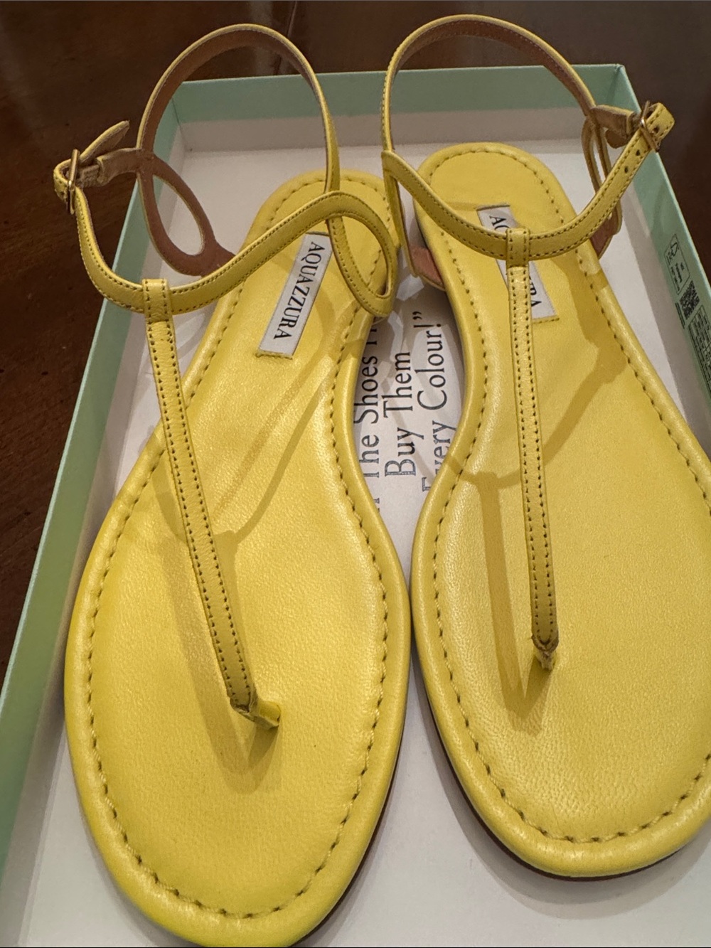 Aquazzura Yellow Leather T-Strap Flat Sandals